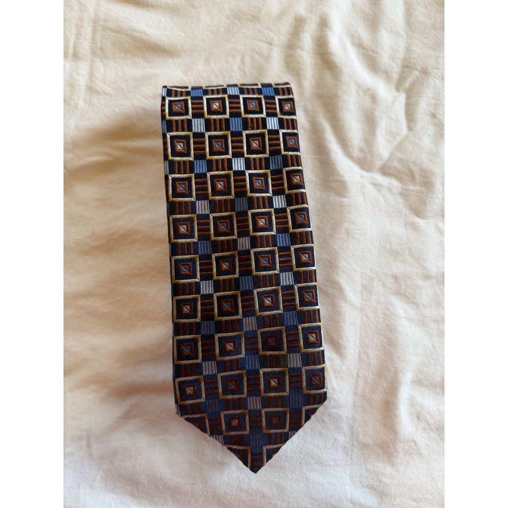 Paul Fredrick Mens Silk Tie Blue Brown Gold Geometric Square Made in Italy 4x60